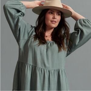 Anthropologie Amadi Verity Tiered Tunic Dress tencel cotton sage green sz Large